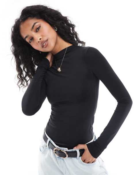 Pull&Bear polyamide sculpt long sleeve bodysuit in black - view 1
