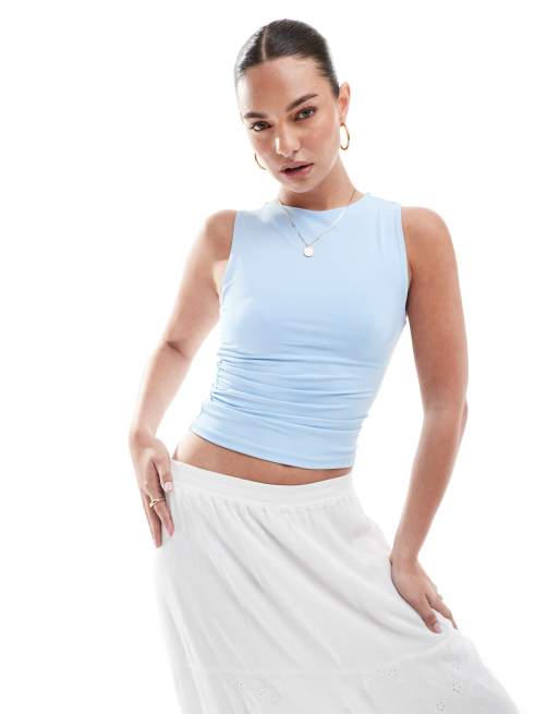 Pull&Bear polyamide sculpt racer neck tank top in light blue
