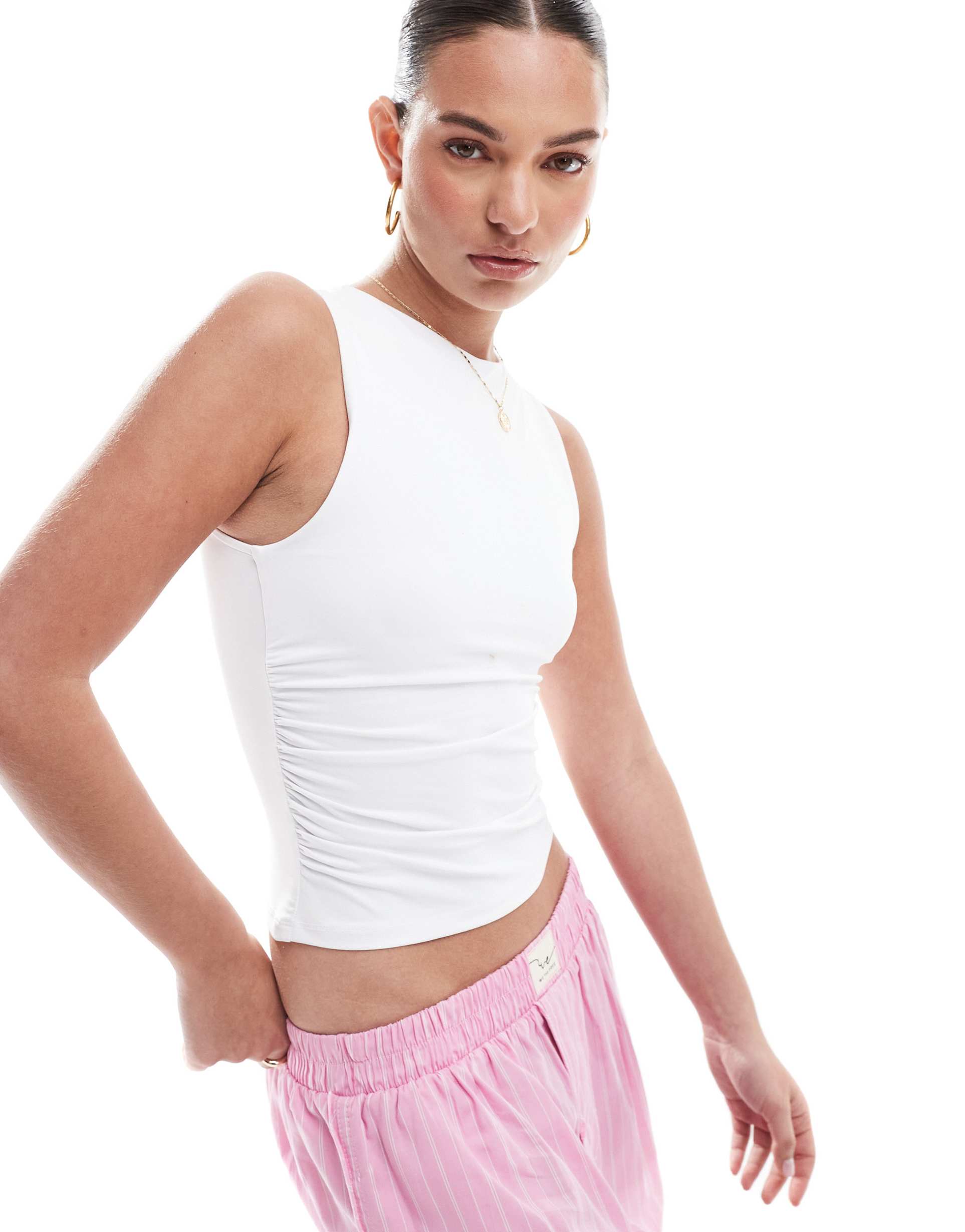 pull&bear polyamide sculpt racer neck tank top in white