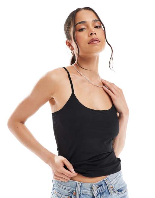 Pull&Bear polyamide sculpt strappy cami top in black