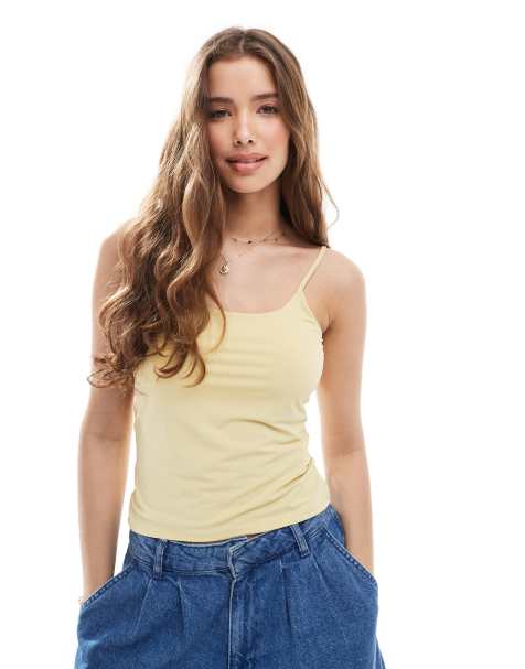 Pull&Bear polyamide sculpt strappy cami top in pale yellow - view 1
