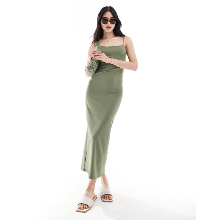 Pull&Bear polyamide sculpt strappy maxi dress in khaki green | ASOS