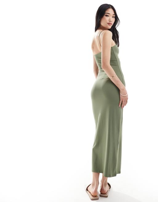Pull&Bear polyamide sculpt strappy maxi dress in khaki green | ASOS