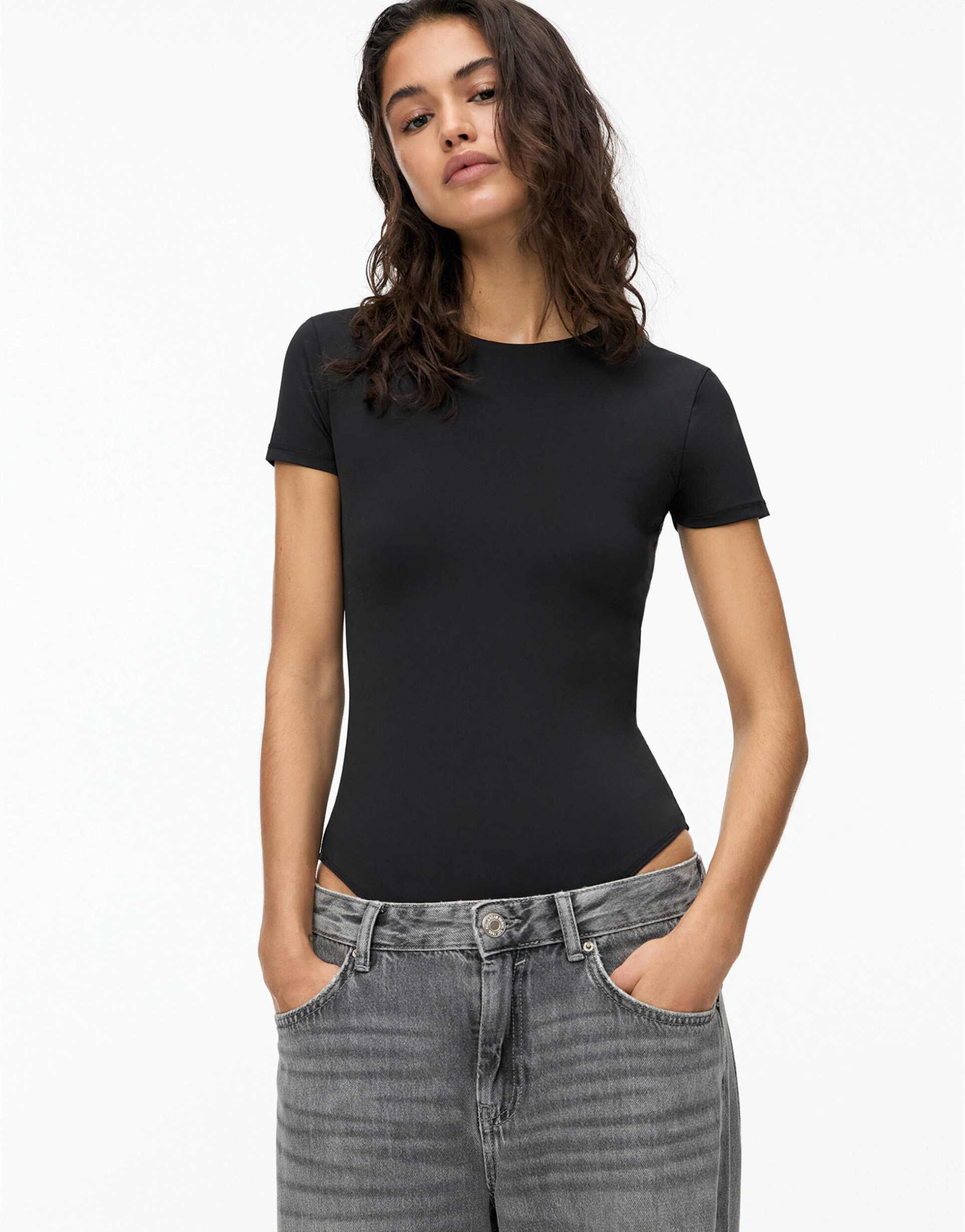 pull&bear polyamide short sleeve bodysuit in black
