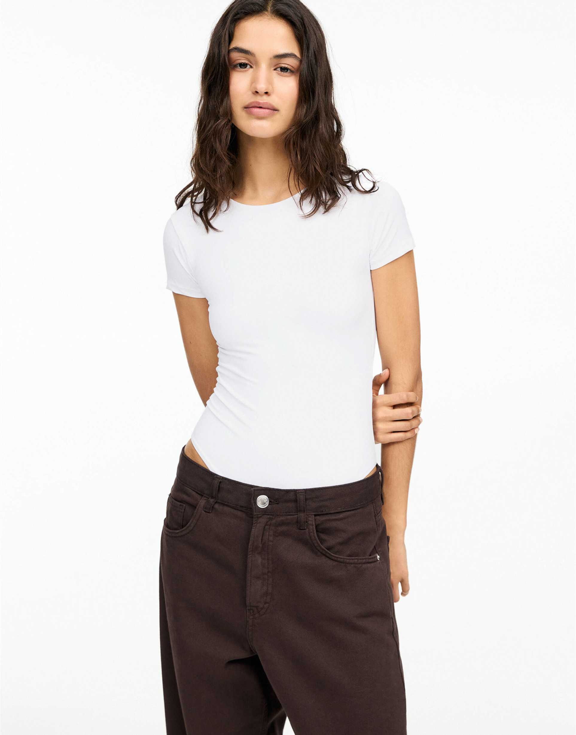 pull&bear polyamide short sleeve bodysuit in white