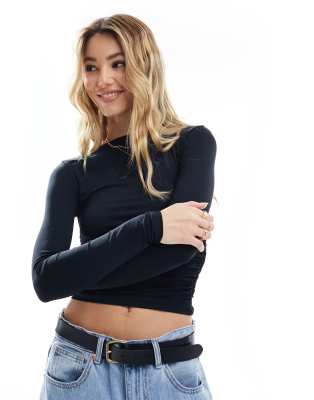 Pull & Bear polyamide slash neck gathered side top in black
