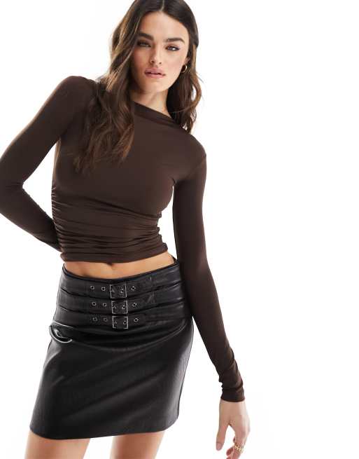 Pull&Bear polyamide slash neck gathered side top in chocolate brown