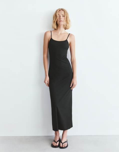 Pull&Bear Polyamide strappy midi dress in black