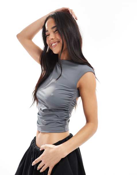 Pull&Bear - Polyamide top met uitgesneden achterkant in grijs - view 1