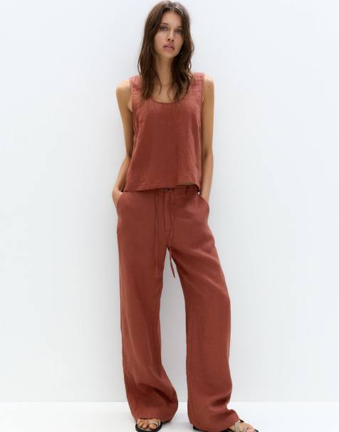 Pull&Bear – Pomarańczowa lniana koszula z okrągłym dekoltem - view 1
