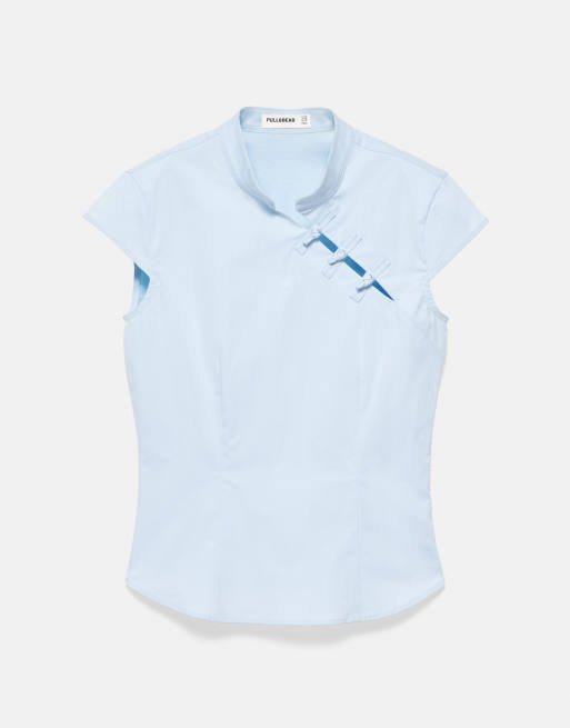 Pull&Bear Poplin-Hemd mit Kordelzug in Himmelblau, 4 von 7