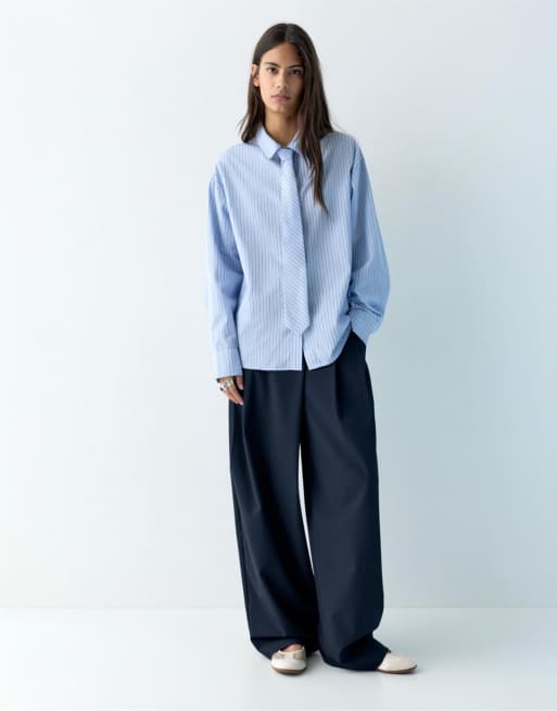 Pull&Bear Poplin shirt with tie in striped