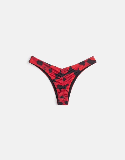 Pull&Bear Poppy print brazilian bikini briefs in red, 4 of 4