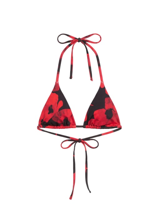 Pull&Bear Poppy print triangle bikini top in red | ASOS