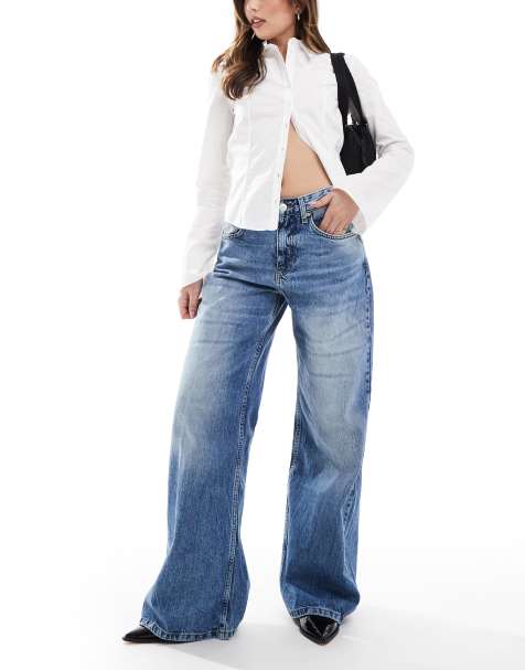Pull&Bear - Posede jeans med vide ben i afbleget mellemblå - view 1
