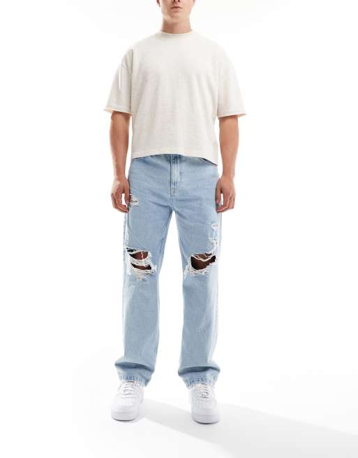 Pull&Bear - Posede lyseblå jeans med flænger