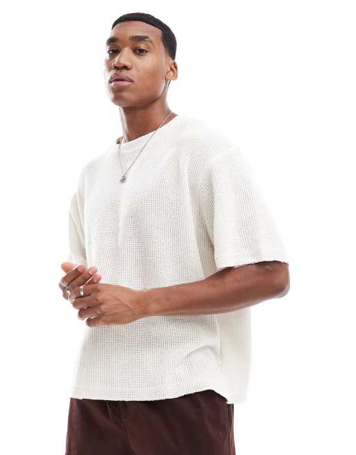 Pull&Bear – Prążkowany dzianinowy T-shirt w kolorze ecru