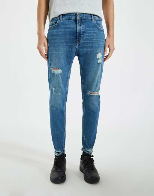 Pull&Bear premium carrot fit jeans in medium blue with rips | ASOS