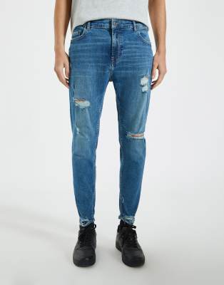 Pull Bear Premium Carrot Fit Jeans With Rips In Blue-blues