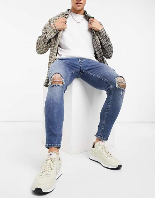 Pull&Bear – Premium – Eng geschnittene Jeans in Mittelblau mit Zierrissen