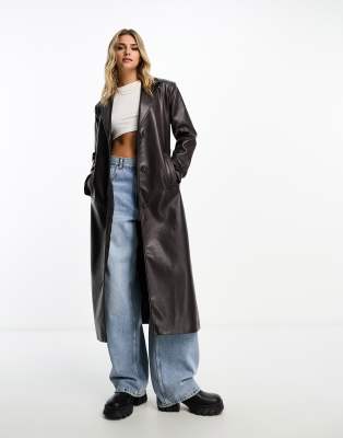 Pull&Bear belted faux leather trench coat in khaki