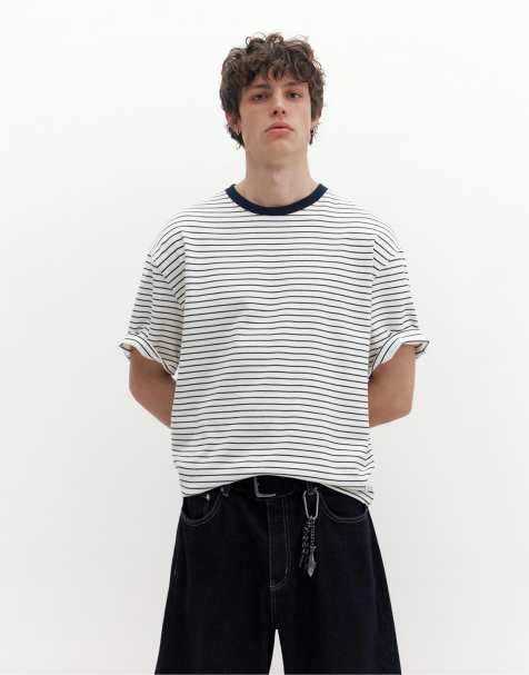 Pull&Bear - Premium gestreept T-shirt met korte mouwen in blauw en wit - view 1