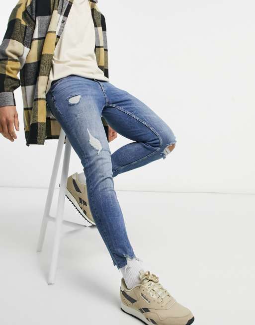 Pull&Bear - Premium - Jeans med sliddetaljer i mellemblå vask i skinny fit
