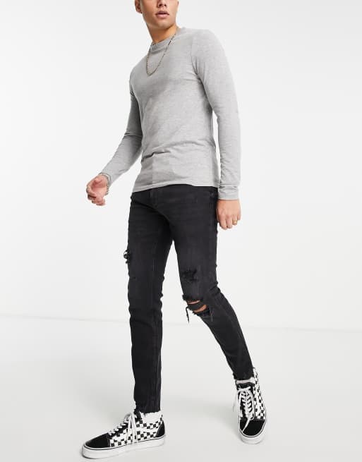 Pull&Bear premium ripped skinny jeans in black | ASOS