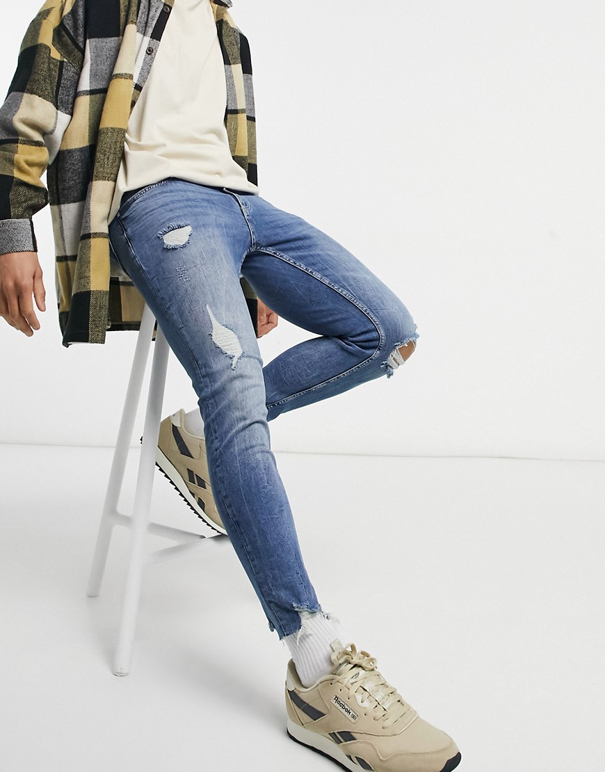 Pull & Bear premium skinny fit jeans with rips in mid blue-Blues