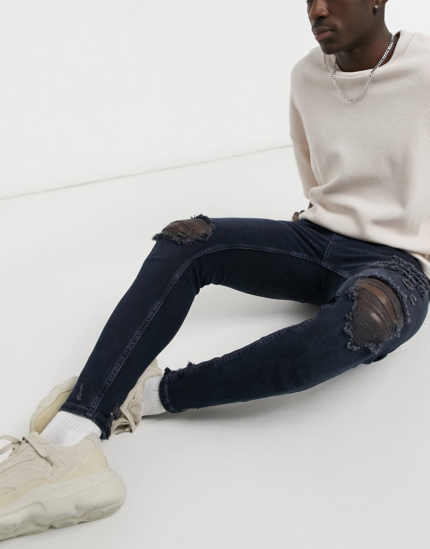 Pull & Bear premium skinny fit jeans with rips in navy blue-Blues