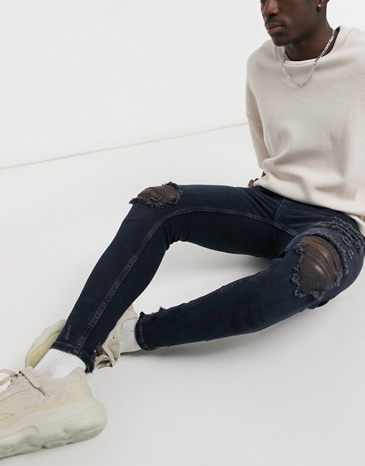 Pull&Bear premium skinny fit jeans with rips in navy blue