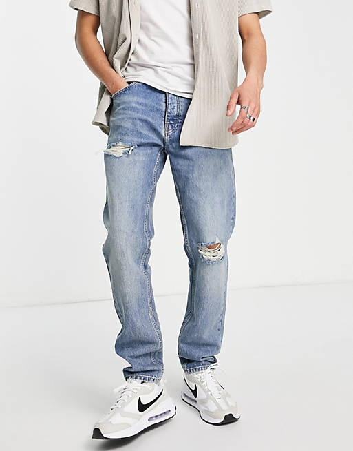 Pull&Bear premium slim jeans with rips in light blue