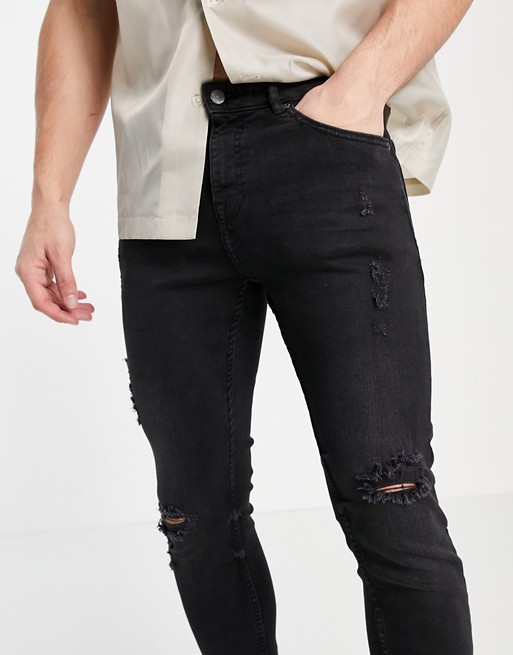 Pull&Bear premium super skinny fit jeans in black with rips