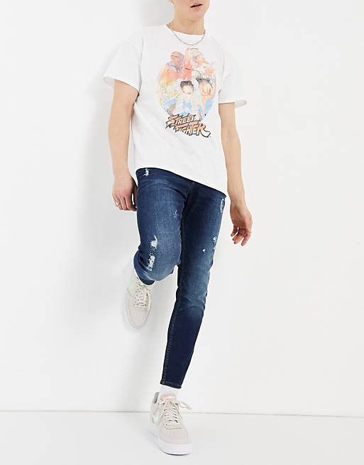 Pull&Bear premium super skinny fit jeans in dark blue with rips