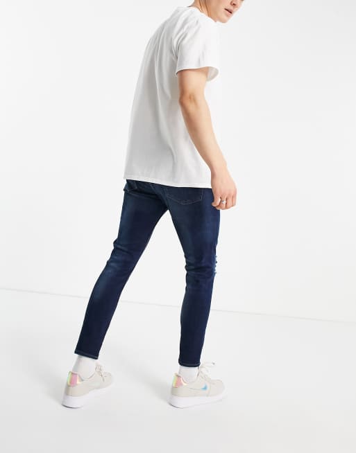 Pull&Bear premium super skinny fit jeans in dark blue with rips, 2 of 4