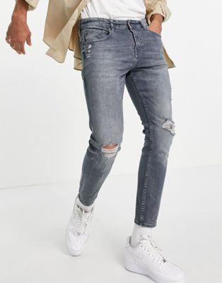 Pull&Bear premium super skinny fit jeans in grey with rips