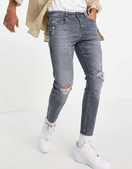 Pull&Bear premium super skinny fit jeans in grey with rips ASOS