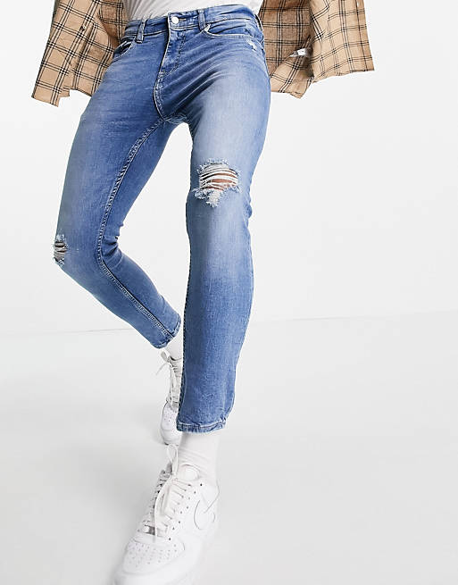 Pull&Bear premium super skinny fit jeans with rips in light blue