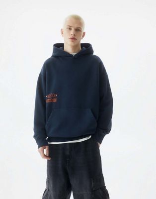 Pull&Bear printed hoodie in dark blue