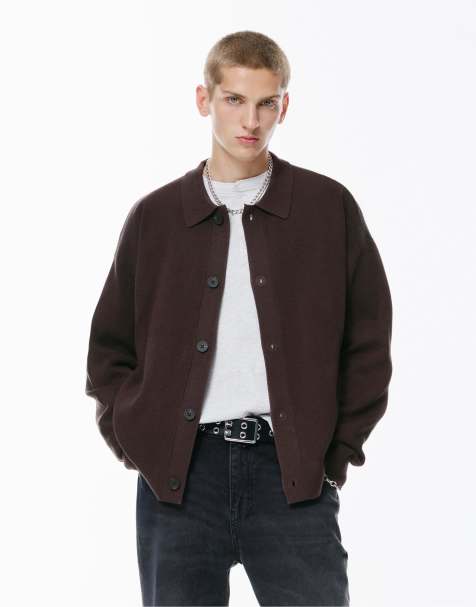 Pull&Bear Printed polo collar cardigan in dark brown - view 1