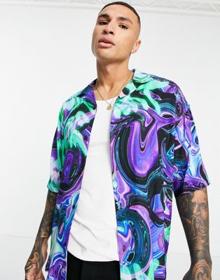 Pull&Bear printed shirt in neon marble