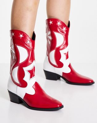 Pull&Bear printed stitch detail western boots in red