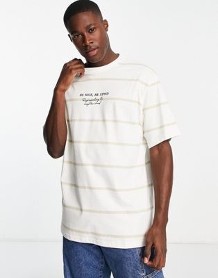 Pull&Bear printed stripe t-shirt in ecru