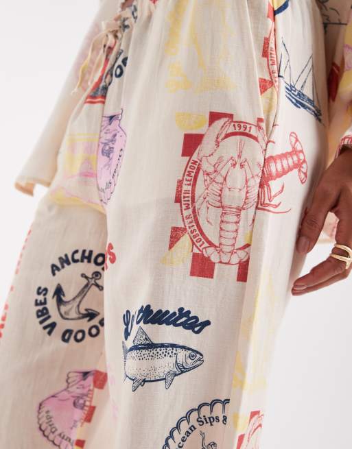 Pull&Bear printed summer pants in ecru - part of a set