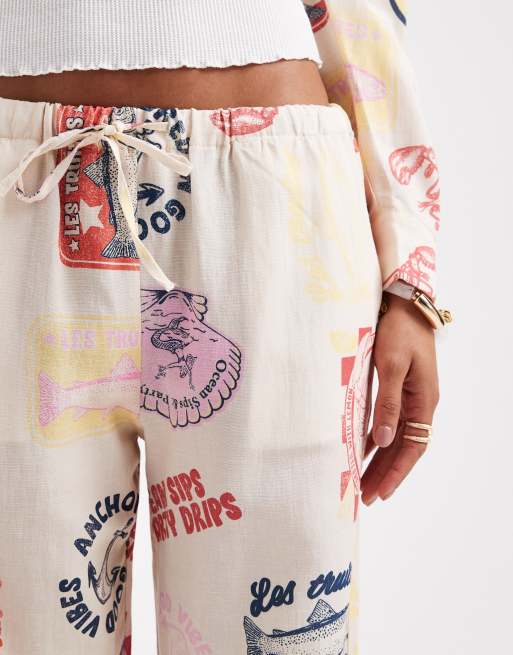 Pull&Bear printed summer trouser co-ord in ecru, 4 of 5
