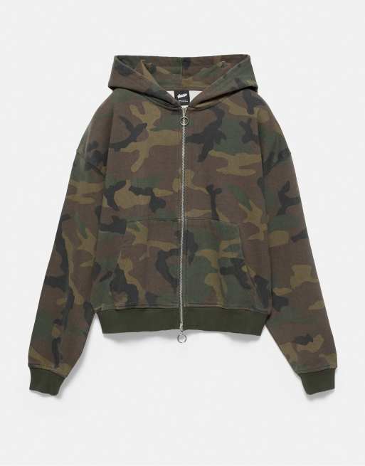 Pull&Bear Printed sweatshirt with hood and zip in khaki, 5 of 6