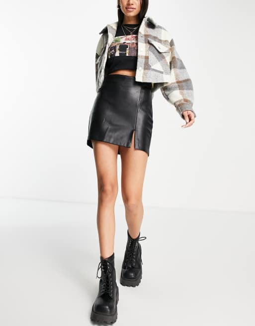 Pull&Bear PU mini skirt with side slit in black
