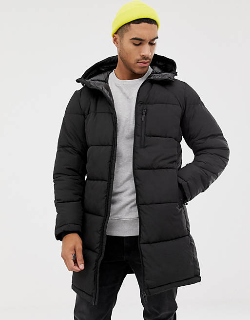 Pull&Bear puffer coat in black with hood | ASOS