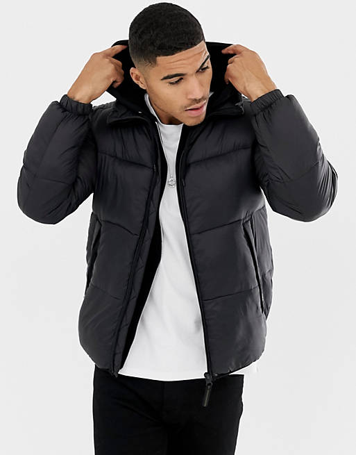 Pull&Bear puffer jacket in black | ASOS