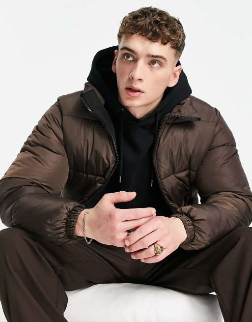 Pull&Bear puffer jacket in brown | ASOS